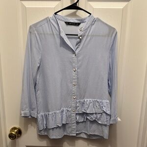Zara Light Blue Striped Blouse with Ruffle Detail